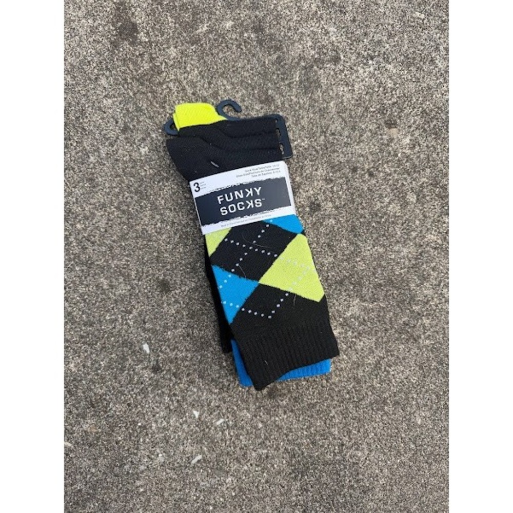 Funky Socks Mens 3 Pack Argyle Crew Socks Black Blue Lime Green Size 10-13